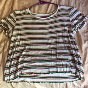 Slightly Cropped Rainbow Striped White Tee